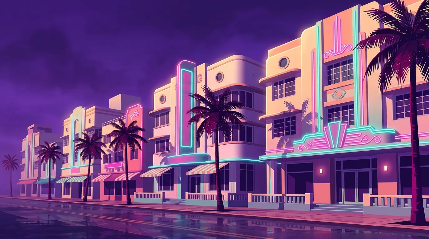 A row of pastel Art Deco facades on a humid evening, neon signage in pink and teal.